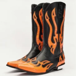 Men's Black and Orange Mid-Calf Western Cowboy Boots - Bold Flame Design with High-Gloss Finish for Rodeo and Fashion Wear