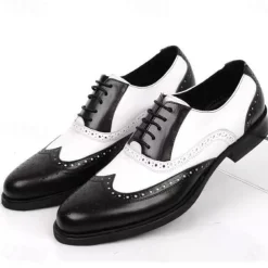 Men's Black and White Brogue Oxford Shoes with Wingtip Design, Perforated Detailing for Formal Events and Parties Weddings