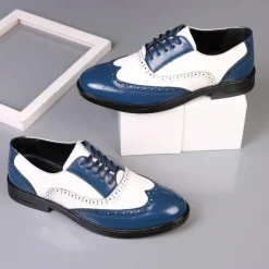 Men's Black and White Brogue Oxford Shoes with Wingtip Design, Perforated Detailing for Formal Events and Parties Weddings