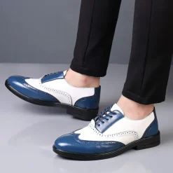 Men's Black and White Brogue Oxford Shoes with Wingtip Design, Perforated Detailing for Formal Events and Parties Weddings