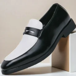 Men's Black and White Faux Leather Loafers with Cut-Out Strap Detail - Elegant Slip-On Shoes for Formal and Business Attire
