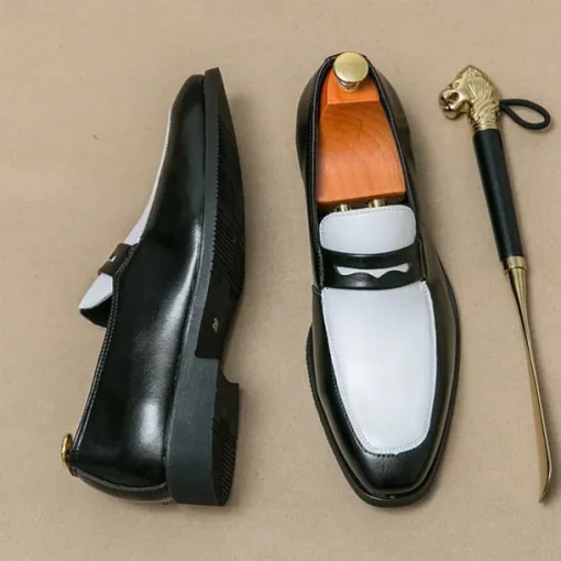 Men's Black and White Faux Leather Loafers with Cut-Out Strap Detail - Elegant Slip-On Shoes for Formal and Business Attire
