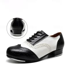 Men's Black and White Oxford Tap Dance Shoes – Classic Faux Leather Lace-Up Shoes with Metal Plates for Professional Performances
