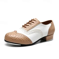 Men's Black and White Oxford Tap Dance Shoes – Classic Faux Leather Lace-Up Shoes with Metal Plates for Professional Performances