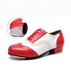 Men's Black and White Oxford Tap Dance Shoes – Classic Faux Leather Lace-Up Shoes with Metal Plates for Professional Performances