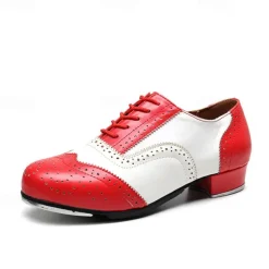 Men's Black and White Oxford Tap Dance Shoes – Classic Faux Leather Lace-Up Shoes with Metal Plates for Professional Performances