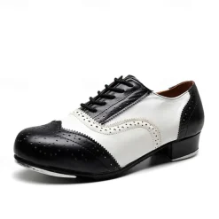Men's Black and White Oxford Tap Dance Shoes – Classic Faux Leather Lace-Up Shoes with Metal Plates for Professional Performances