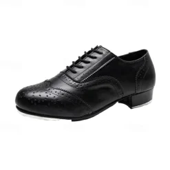 Men's Black and White Oxford Tap Dance Shoes – Classic Faux Leather Lace-Up Shoes with Metal Plates for Professional Performances