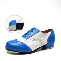 Men's Black and White Oxford Tap Dance Shoes – Classic Faux Leather Lace-Up Shoes with Metal Plates for Professional Performances