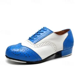 Men's Black and White Oxford Tap Dance Shoes – Classic Faux Leather Lace-Up Shoes with Metal Plates for Professional Performances