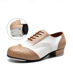 Men's Black and White Oxford Tap Dance Shoes – Classic Faux Leather Lace-Up Shoes with Metal Plates for Professional Performances