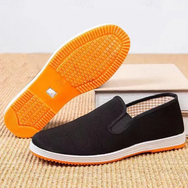 Men's Black Canvas Slip-On Shoes with Anti-Slip Sole – Lightweight Traditional Loafers for Daily Wear and Indoor Comfort