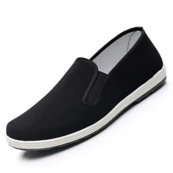 Men's Black Canvas Slip-On Shoes with Anti-Slip Sole – Lightweight Traditional Loafers for Daily Wear and Indoor Comfort