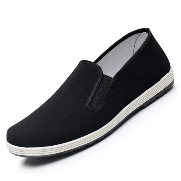 Men's Black Canvas Slip-On Shoes with Anti-Slip Sole – Lightweight Traditional Loafers for Daily Wear and Indoor Comfort