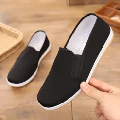 Men's Black Canvas Slip-On Shoes with Anti-Slip Sole – Lightweight Traditional Loafers for Daily Wear and Indoor Comfort