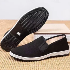 Men's Black Canvas Slip-On Shoes with Anti-Slip Sole – Lightweight Traditional Loafers for Daily Wear and Indoor Comfort