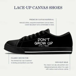 Men's Black Canvas Sneakers with “Don't Grow Up” Print – Comfortable Casual Lace-Up Shoes for Daily Wear, Street Style and Outdoor Activities