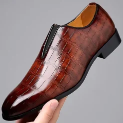 Men's Black Crocodile Pattern Faux Leather Slip-On Dress Shoes - Elegant Formal Shoes for Business and Special Occasions