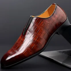 Men's Black Crocodile Pattern Faux Leather Slip-On Dress Shoes - Elegant Formal Shoes for Business and Special Occasions