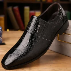 Men's Black Crocodile Pattern Patent Leather Dress Shoes – Elegant Slip-On Formal Shoes for Weddings, Business, and Evening Events