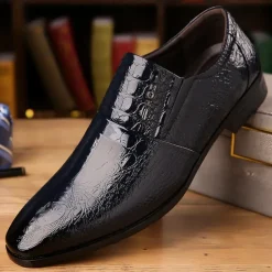 Men's Black Crocodile Pattern Patent Leather Dress Shoes – Elegant Slip-On Formal Shoes for Weddings, Business, and Evening Events