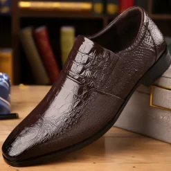 Men's Black Crocodile Pattern Patent Leather Dress Shoes – Elegant Slip-On Formal Shoes for Weddings, Business, and Evening Events
