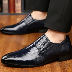 Men's Black Crocodile Pattern Patent Leather Dress Shoes – Elegant Slip-On Formal Shoes for Weddings, Business, and Evening Events