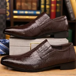 Men's Black Crocodile Pattern Patent Leather Dress Shoes – Elegant Slip-On Formal Shoes for Weddings, Business, and Evening Events