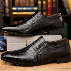 Men's Black Crocodile Pattern Patent Leather Dress Shoes – Elegant Slip-On Formal Shoes for Weddings, Business, and Evening Events