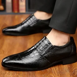 Men's Black Crocodile Pattern Patent Leather Dress Shoes – Elegant Slip-On Formal Shoes for Weddings, Business, and Evening Events