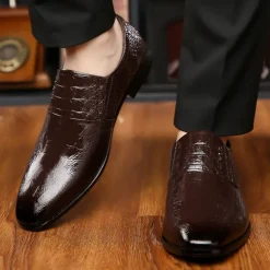 Men's Black Crocodile Pattern Patent Leather Dress Shoes – Elegant Slip-On Formal Shoes for Weddings, Business, and Evening Events