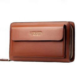 Men's Black Faux Leather Clutch Wallet – Large Capacity Zippered Business Handbag with Card Slots and Coin Pocket for Office, Travel, and Formal Occasions