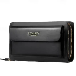 Men's Black Faux Leather Clutch Wallet – Large Capacity Zippered Business Handbag with Card Slots and Coin Pocket for Office, Travel, and Formal Occasions