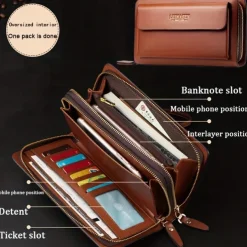 Men's Black Faux Leather Clutch Wallet – Large Capacity Zippered Business Handbag with Card Slots and Coin Pocket for Office, Travel, and Formal Occasions