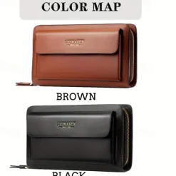 Men's Black Faux Leather Clutch Wallet – Large Capacity Zippered Business Handbag with Card Slots and Coin Pocket for Office, Travel, and Formal Occasions