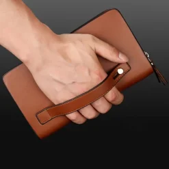 Men's Black Faux Leather Clutch Wallet – Large Capacity Zippered Business Handbag with Card Slots and Coin Pocket for Office, Travel, and Formal Occasions