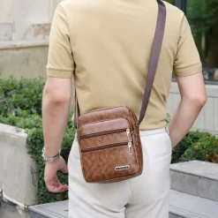 Men's Black Faux Leather Crossbody Bag - Multi-Pocket Shoulder Bag for Travel, Work, or Casual Use