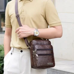 Men's Black Faux Leather Crossbody Bag - Multi-Pocket Shoulder Bag for Travel, Work, or Casual Use