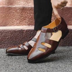 Men's Black Faux Leather Fisherman Sandals with Buckle Strap and Cutout Design, Stylish and Comfortable for Casual, Outdoor and Summer Wear