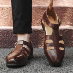 Men's Black Faux Leather Fisherman Sandals with Buckle Strap and Cutout Design, Stylish and Comfortable for Casual, Outdoor and Summer Wear