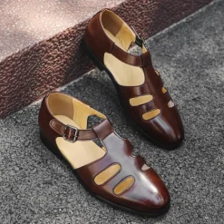 Men's Black Faux Leather Fisherman Sandals with Buckle Strap and Cutout Design, Stylish and Comfortable for Casual, Outdoor and Summer Wear