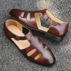 Men's Black Faux Leather Fisherman Sandals with Buckle Strap and Cutout Design, Stylish and Comfortable for Casual, Outdoor and Summer Wear