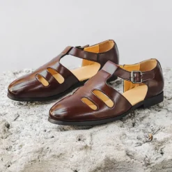 Men's Black Faux Leather Fisherman Sandals with Buckle Strap and Cutout Design, Stylish and Comfortable for Casual, Outdoor and Summer Wear