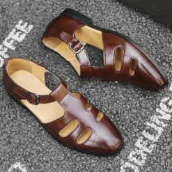 Men's Black Faux Leather Fisherman Sandals with Buckle Strap and Cutout Design, Stylish and Comfortable for Casual, Outdoor and Summer Wear