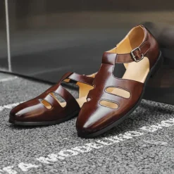 Men's Black Faux Leather Fisherman Sandals with Buckle Strap and Cutout Design, Stylish and Comfortable for Casual, Outdoor and Summer Wear