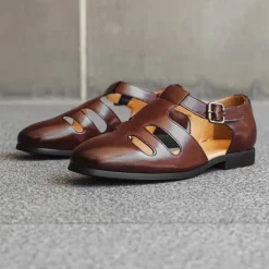 Men's Black Faux Leather Fisherman Sandals with Buckle Strap and Cutout Design, Stylish and Comfortable for Casual, Outdoor and Summer Wear