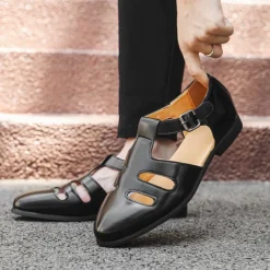 Men's Black Faux Leather Fisherman Sandals with Buckle Strap and Cutout Design, Stylish and Comfortable for Casual, Outdoor and Summer Wear