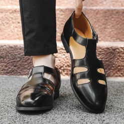 Men's Black Faux Leather Fisherman Sandals with Buckle Strap and Cutout Design, Stylish and Comfortable for Casual, Outdoor and Summer Wear