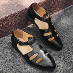 Men's Black Faux Leather Fisherman Sandals with Buckle Strap and Cutout Design, Stylish and Comfortable for Casual, Outdoor and Summer Wear