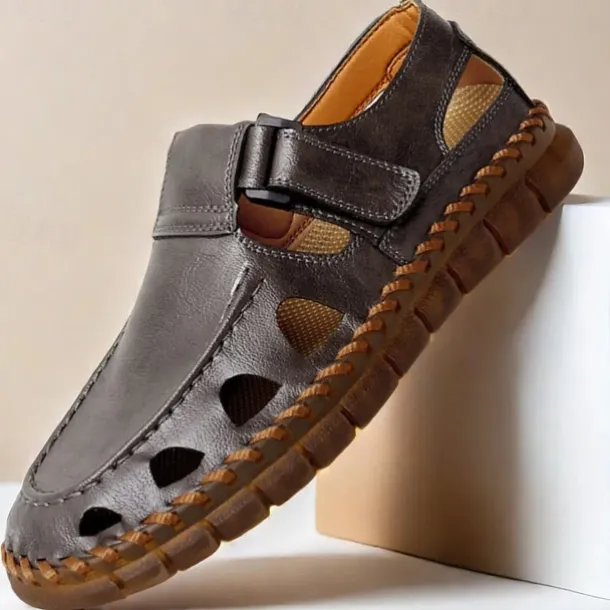 Men's Black Faux Leather Fisherman Sandals with Velcro Strap and Breathable Design, Stylish and Comfortable for Outdoor, Casual and Summer Activities